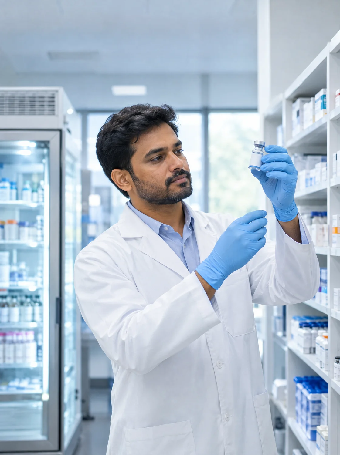 A pharmaceutical specialist inspecting a medicine A pharmaceutical specialist inspecting a medicine